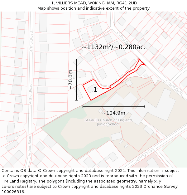 1, VILLIERS MEAD, WOKINGHAM, RG41 2UB: Plot and title map