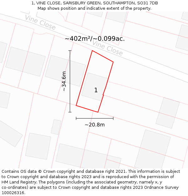 1, VINE CLOSE, SARISBURY GREEN, SOUTHAMPTON, SO31 7DB: Plot and title map