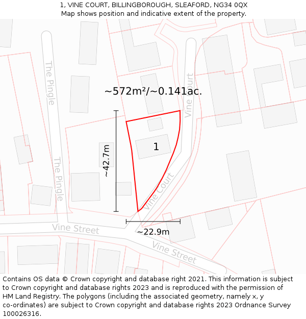 1, VINE COURT, BILLINGBOROUGH, SLEAFORD, NG34 0QX: Plot and title map