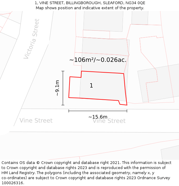 1, VINE STREET, BILLINGBOROUGH, SLEAFORD, NG34 0QE: Plot and title map