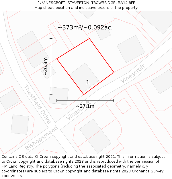 1, VINESCROFT, STAVERTON, TROWBRIDGE, BA14 8FB: Plot and title map