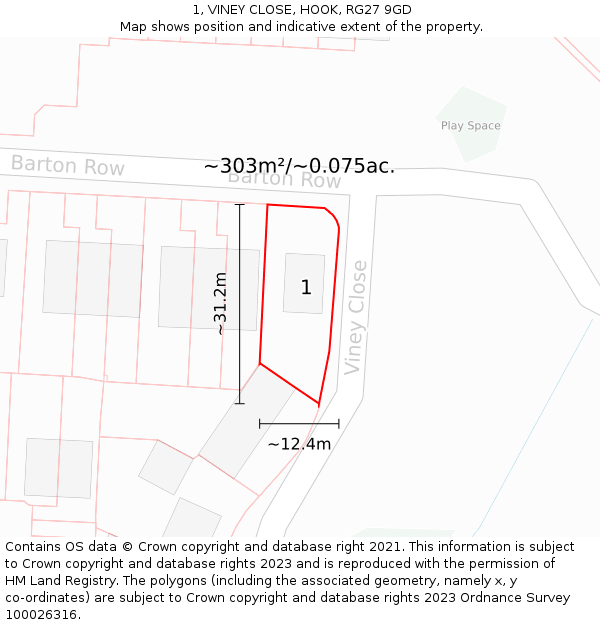 1, VINEY CLOSE, HOOK, RG27 9GD: Plot and title map