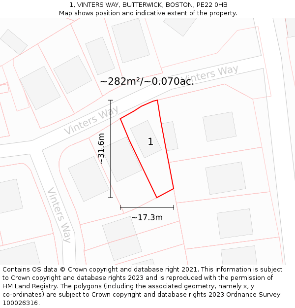 1, VINTERS WAY, BUTTERWICK, BOSTON, PE22 0HB: Plot and title map