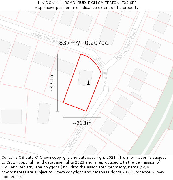 1, VISION HILL ROAD, BUDLEIGH SALTERTON, EX9 6EE: Plot and title map