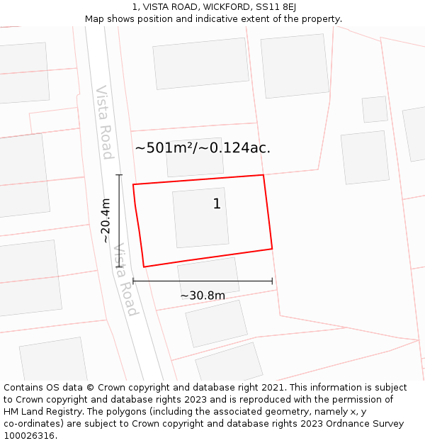 1, VISTA ROAD, WICKFORD, SS11 8EJ: Plot and title map