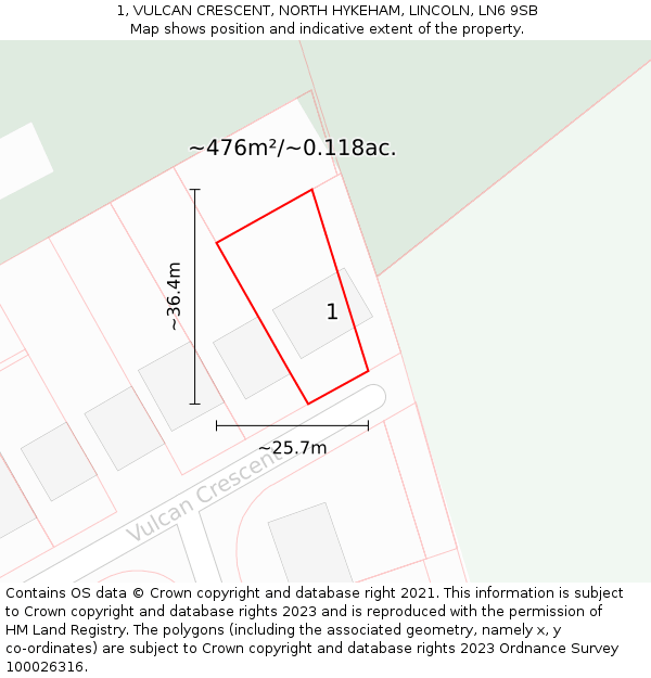 1, VULCAN CRESCENT, NORTH HYKEHAM, LINCOLN, LN6 9SB: Plot and title map