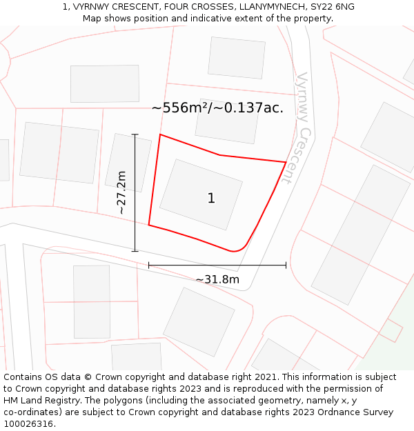 1, VYRNWY CRESCENT, FOUR CROSSES, LLANYMYNECH, SY22 6NG: Plot and title map