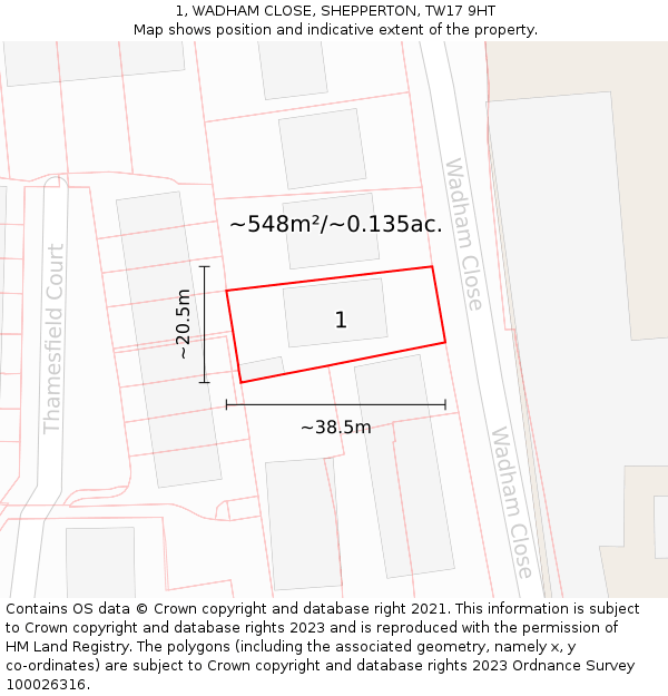 1, WADHAM CLOSE, SHEPPERTON, TW17 9HT: Plot and title map