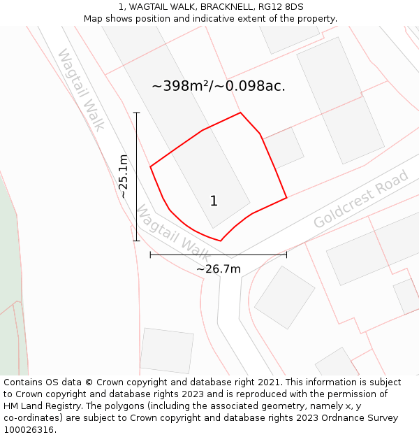 1, WAGTAIL WALK, BRACKNELL, RG12 8DS: Plot and title map