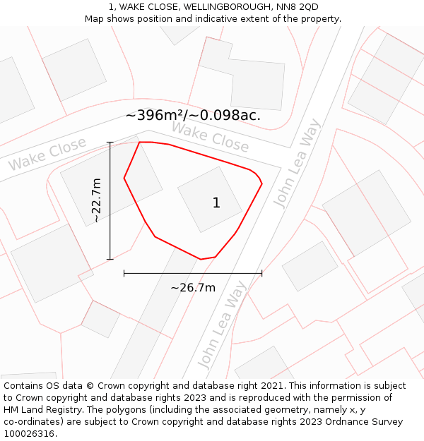 1, WAKE CLOSE, WELLINGBOROUGH, NN8 2QD: Plot and title map