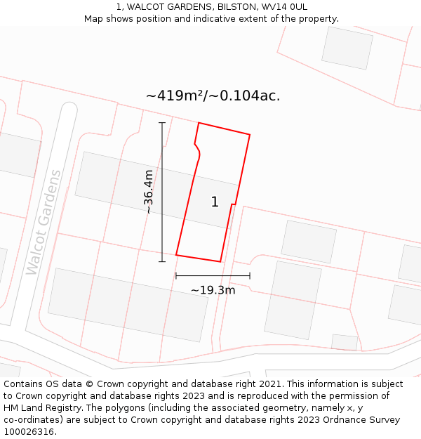 1, WALCOT GARDENS, BILSTON, WV14 0UL: Plot and title map