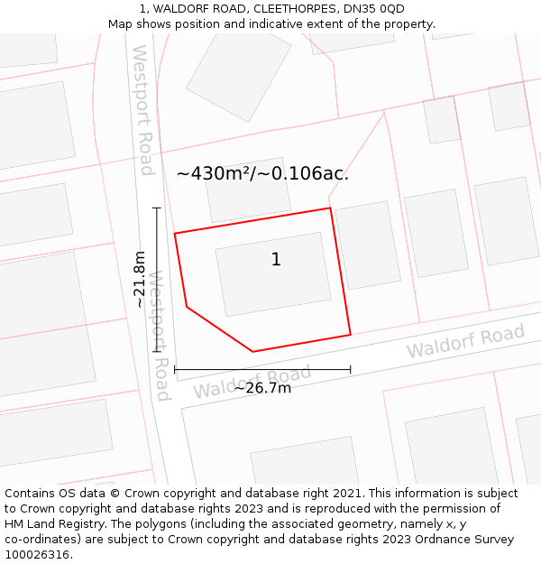 1, WALDORF ROAD, CLEETHORPES, DN35 0QD: Plot and title map