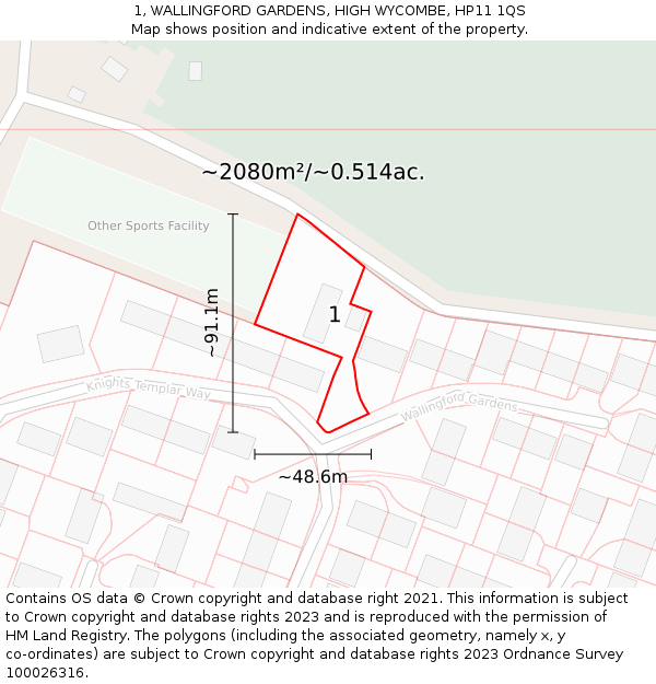 1, WALLINGFORD GARDENS, HIGH WYCOMBE, HP11 1QS: Plot and title map