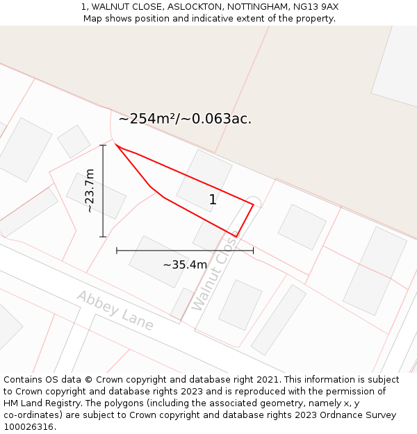 1, WALNUT CLOSE, ASLOCKTON, NOTTINGHAM, NG13 9AX: Plot and title map