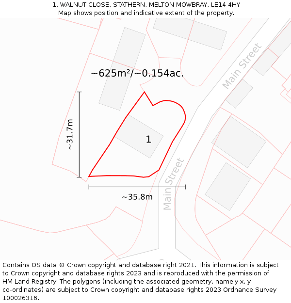 1, WALNUT CLOSE, STATHERN, MELTON MOWBRAY, LE14 4HY: Plot and title map