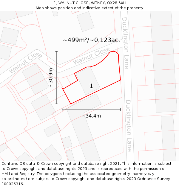 1, WALNUT CLOSE, WITNEY, OX28 5XH: Plot and title map