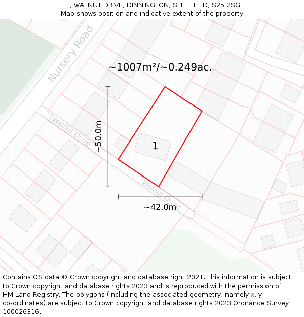 1, WALNUT DRIVE, DINNINGTON, SHEFFIELD, S25 2SG: Plot and title map