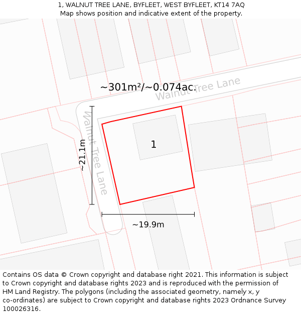 1, WALNUT TREE LANE, BYFLEET, WEST BYFLEET, KT14 7AQ: Plot and title map