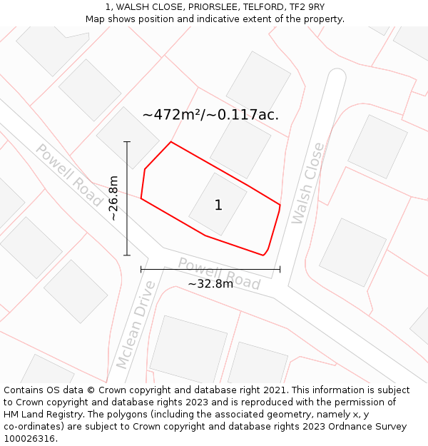 1, WALSH CLOSE, PRIORSLEE, TELFORD, TF2 9RY: Plot and title map