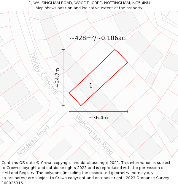 1, WALSINGHAM ROAD, WOODTHORPE, NOTTINGHAM, NG5 4NU: Plot and title map