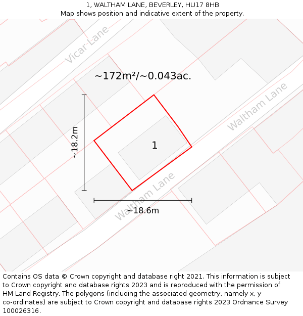 1, WALTHAM LANE, BEVERLEY, HU17 8HB: Plot and title map