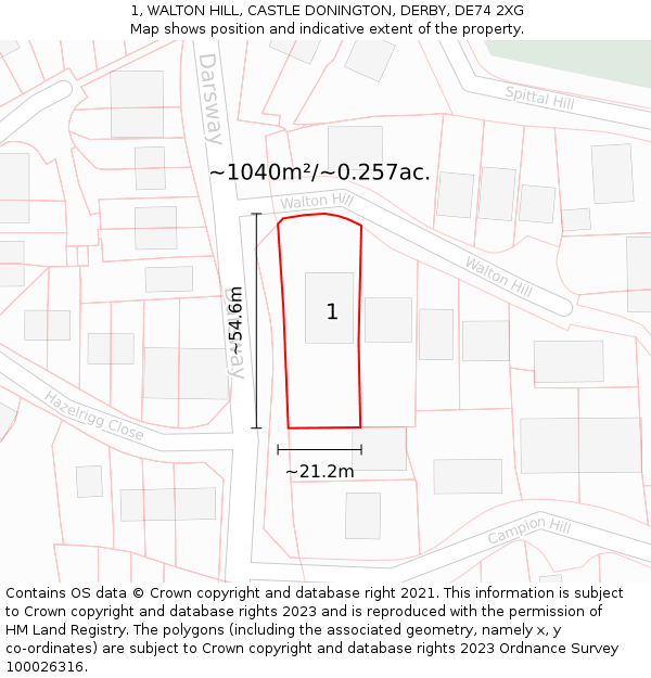 1, WALTON HILL, CASTLE DONINGTON, DERBY, DE74 2XG: Plot and title map