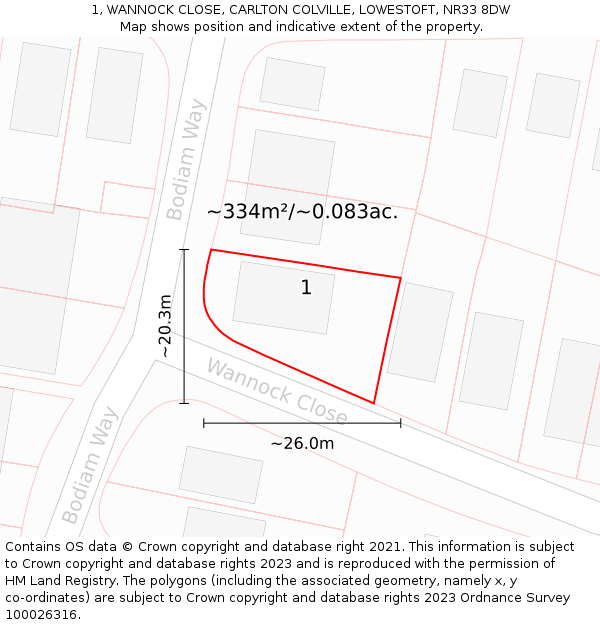 1, WANNOCK CLOSE, CARLTON COLVILLE, LOWESTOFT, NR33 8DW: Plot and title map