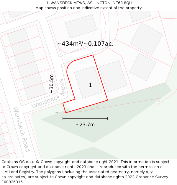 1, WANSBECK MEWS, ASHINGTON, NE63 8QH: Plot and title map