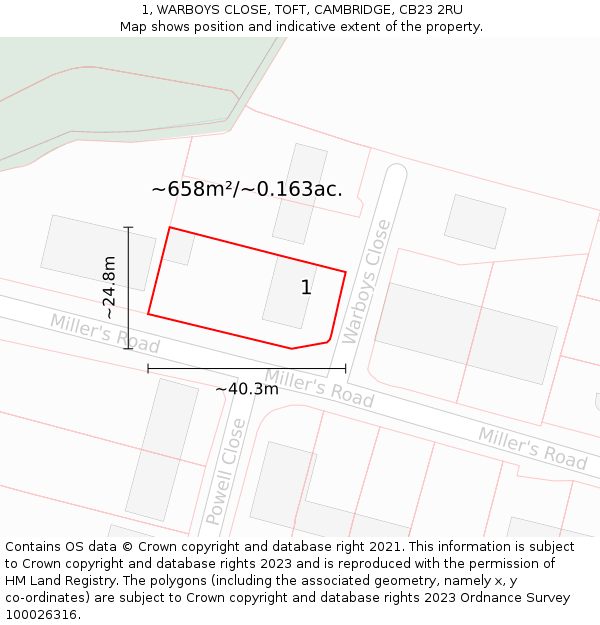 1, WARBOYS CLOSE, TOFT, CAMBRIDGE, CB23 2RU: Plot and title map