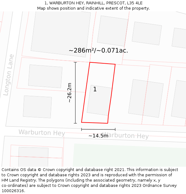 1, WARBURTON HEY, RAINHILL, PRESCOT, L35 4LE: Plot and title map