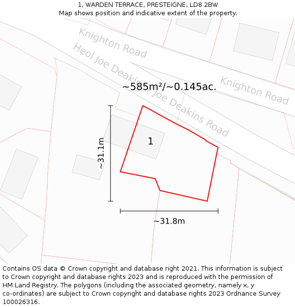 1, WARDEN TERRACE, PRESTEIGNE, LD8 2BW: Plot and title map