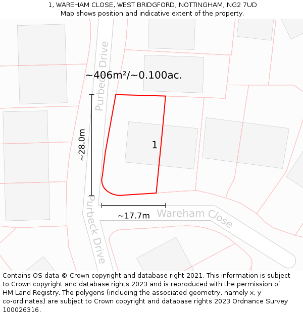 1, WAREHAM CLOSE, WEST BRIDGFORD, NOTTINGHAM, NG2 7UD: Plot and title map