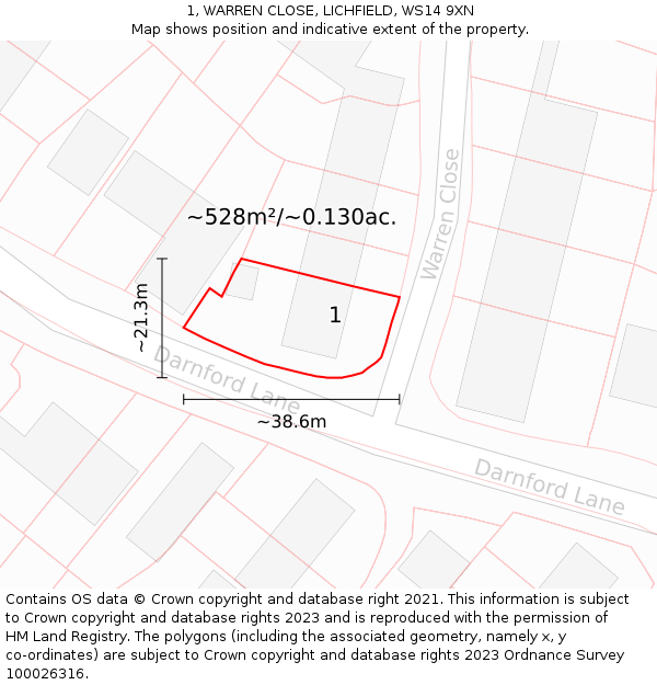 1, WARREN CLOSE, LICHFIELD, WS14 9XN: Plot and title map