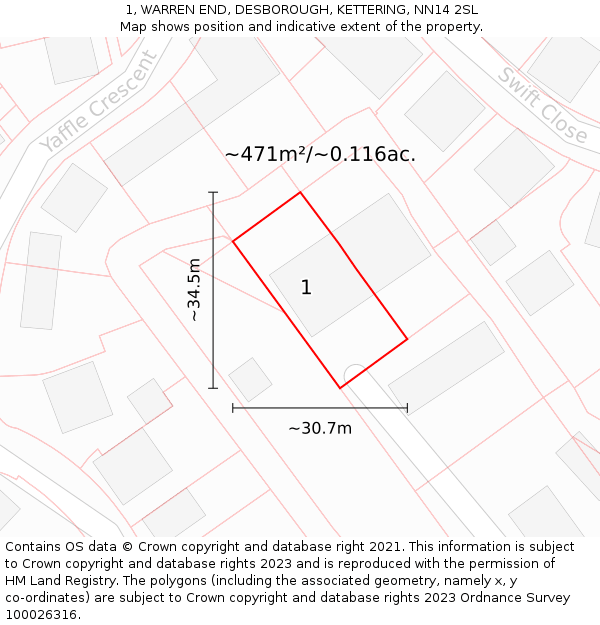 1, WARREN END, DESBOROUGH, KETTERING, NN14 2SL: Plot and title map