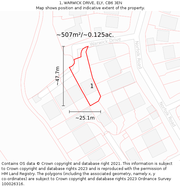 1, WARWICK DRIVE, ELY, CB6 3EN: Plot and title map