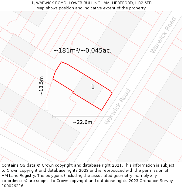 1, WARWICK ROAD, LOWER BULLINGHAM, HEREFORD, HR2 6FB: Plot and title map