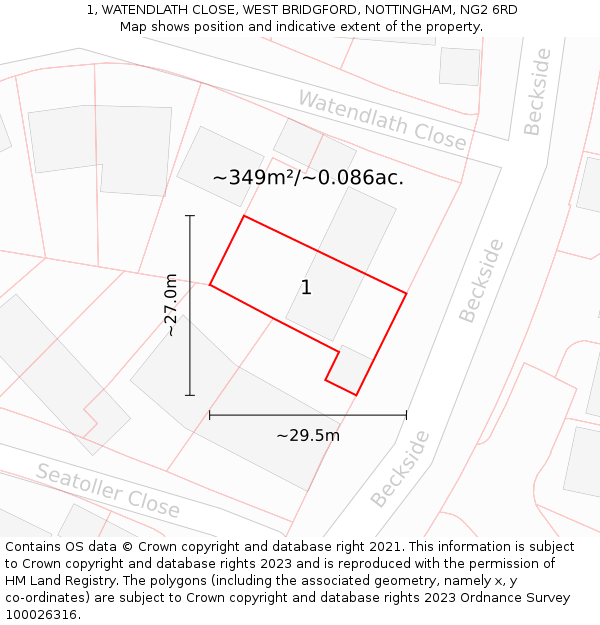 1, WATENDLATH CLOSE, WEST BRIDGFORD, NOTTINGHAM, NG2 6RD: Plot and title map