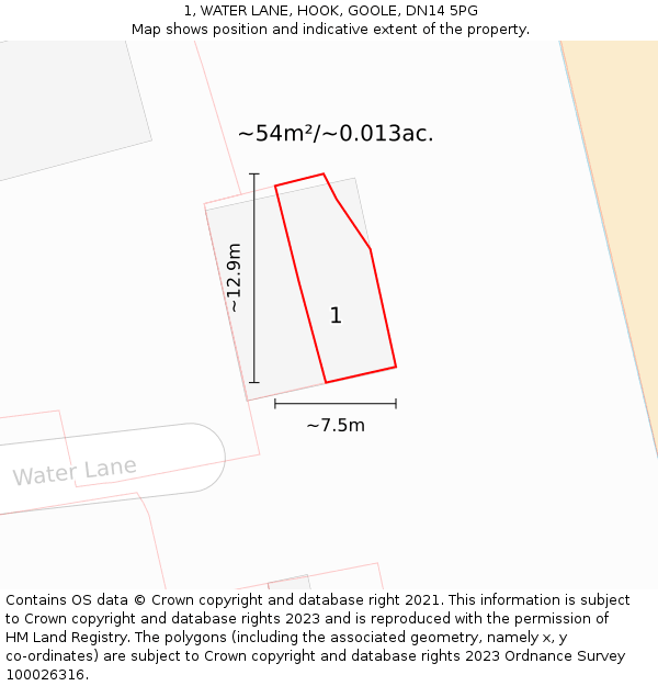 1, WATER LANE, HOOK, GOOLE, DN14 5PG: Plot and title map