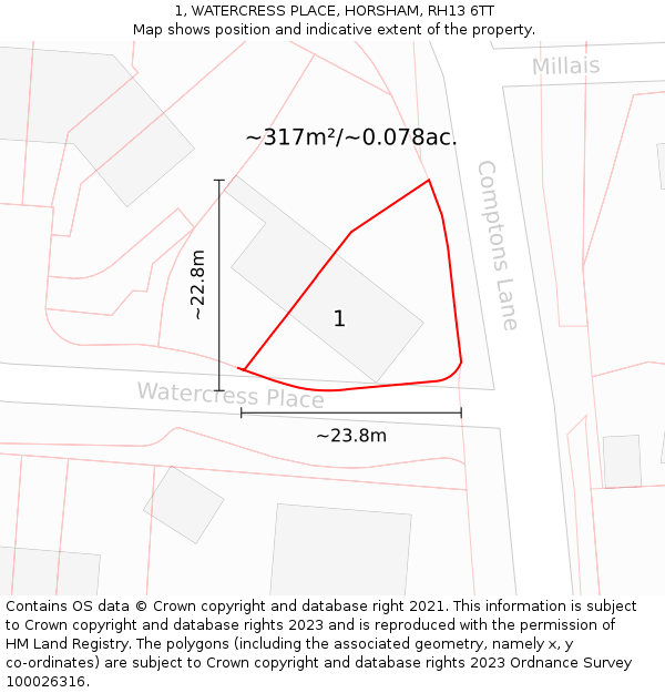 1, WATERCRESS PLACE, HORSHAM, RH13 6TT: Plot and title map