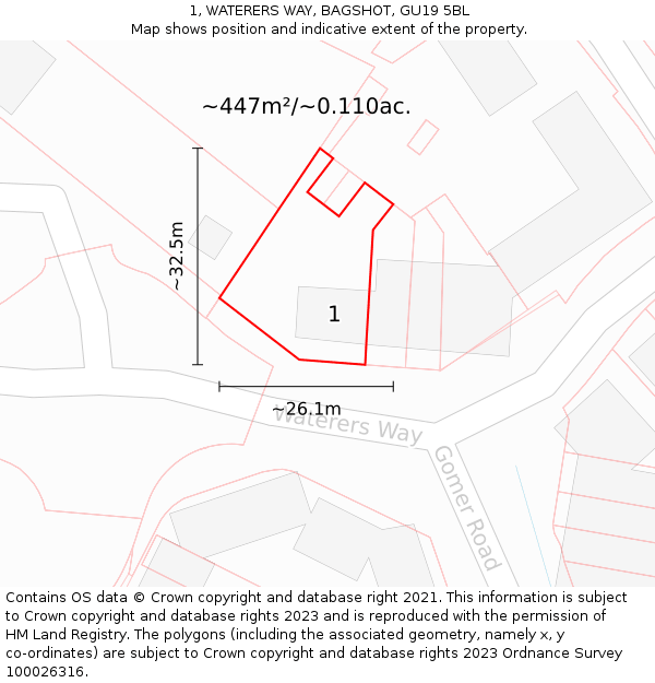 1, WATERERS WAY, BAGSHOT, GU19 5BL: Plot and title map