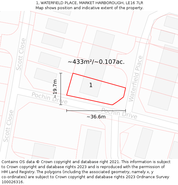 1, WATERFIELD PLACE, MARKET HARBOROUGH, LE16 7LR: Plot and title map