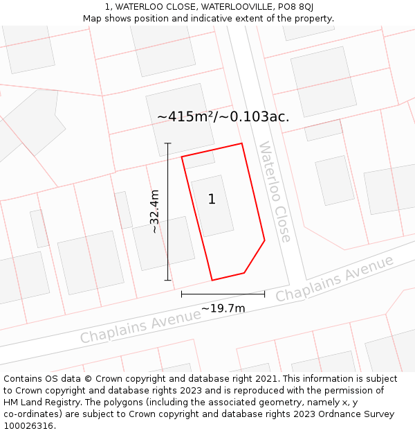 1, WATERLOO CLOSE, WATERLOOVILLE, PO8 8QJ: Plot and title map