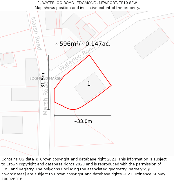 1, WATERLOO ROAD, EDGMOND, NEWPORT, TF10 8EW: Plot and title map