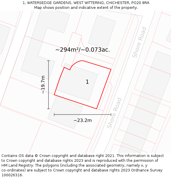 1, WATERSEDGE GARDENS, WEST WITTERING, CHICHESTER, PO20 8RA: Plot and title map