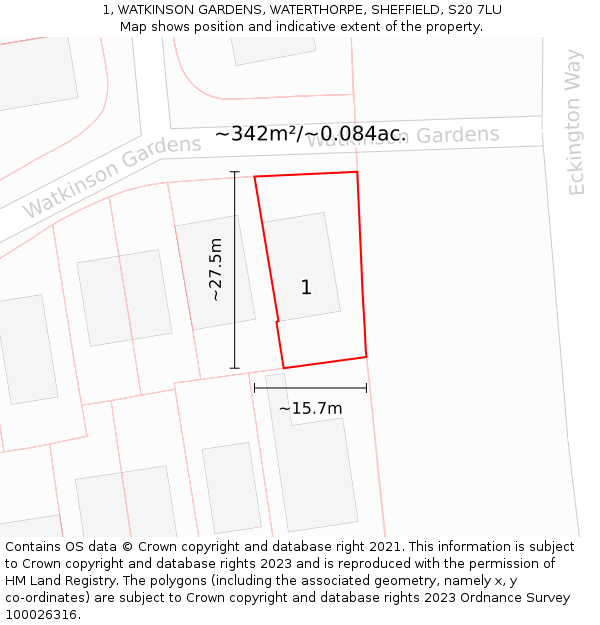 1, WATKINSON GARDENS, WATERTHORPE, SHEFFIELD, S20 7LU: Plot and title map