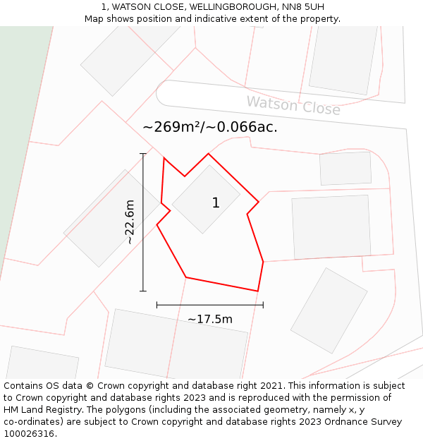 1, WATSON CLOSE, WELLINGBOROUGH, NN8 5UH: Plot and title map