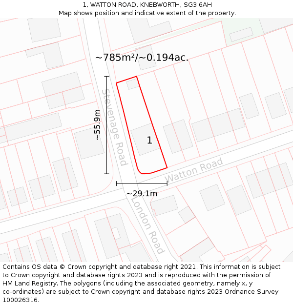 1, WATTON ROAD, KNEBWORTH, SG3 6AH: Plot and title map