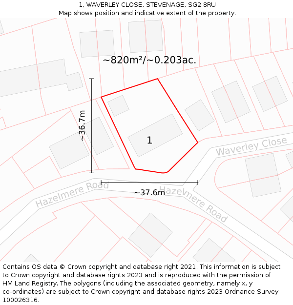 1, WAVERLEY CLOSE, STEVENAGE, SG2 8RU: Plot and title map