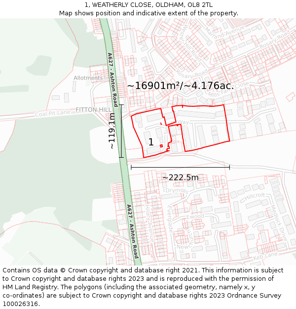 1, WEATHERLY CLOSE, OLDHAM, OL8 2TL: Plot and title map