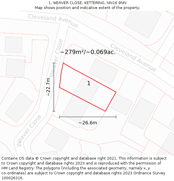 1, WEAVER CLOSE, KETTERING, NN16 9NN: Plot and title map